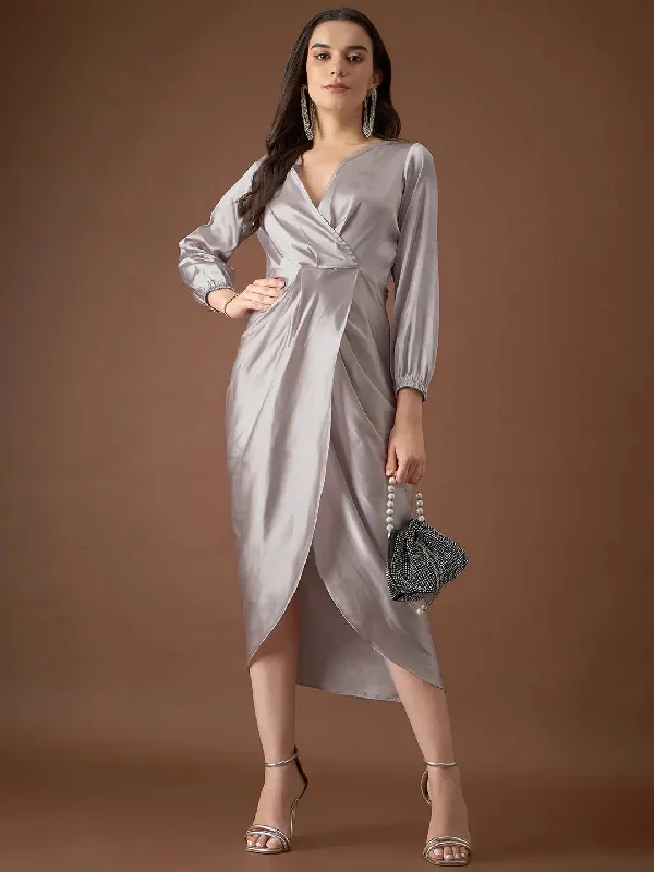 Overlap neck Tulip midi Dress in Silver Color