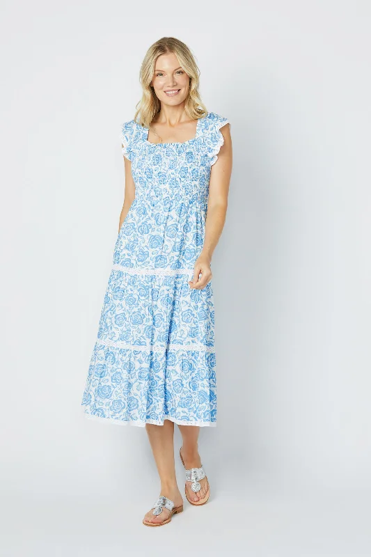 Sail to Sable Flutter Sleeve Smocked Midi Dress - Blue Rose