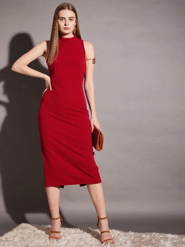 Sleeveless high neck bodycon midi dress in Red Color