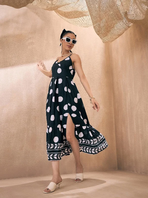 Women Black Polka Dot Front Slit Strappy Midi Dress