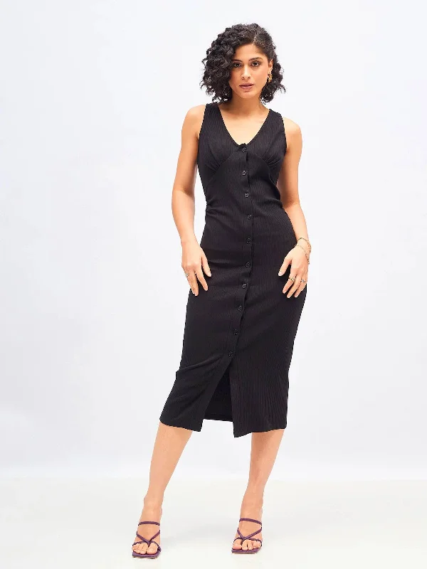 Women Black Rib Front Button Bodycon Midi Dress