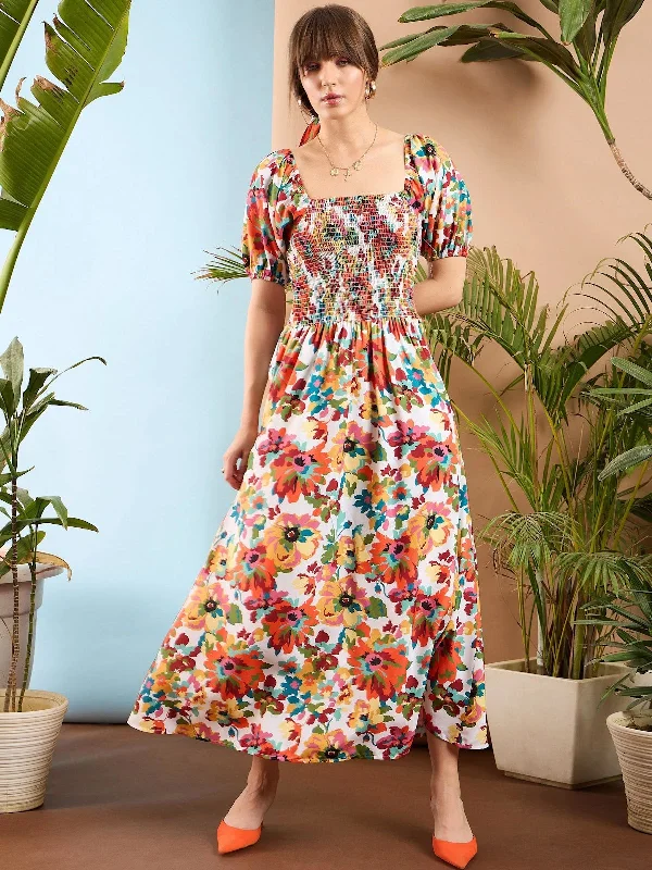 Women Orange Floral Puff Sleeves A-Line Midi Dress