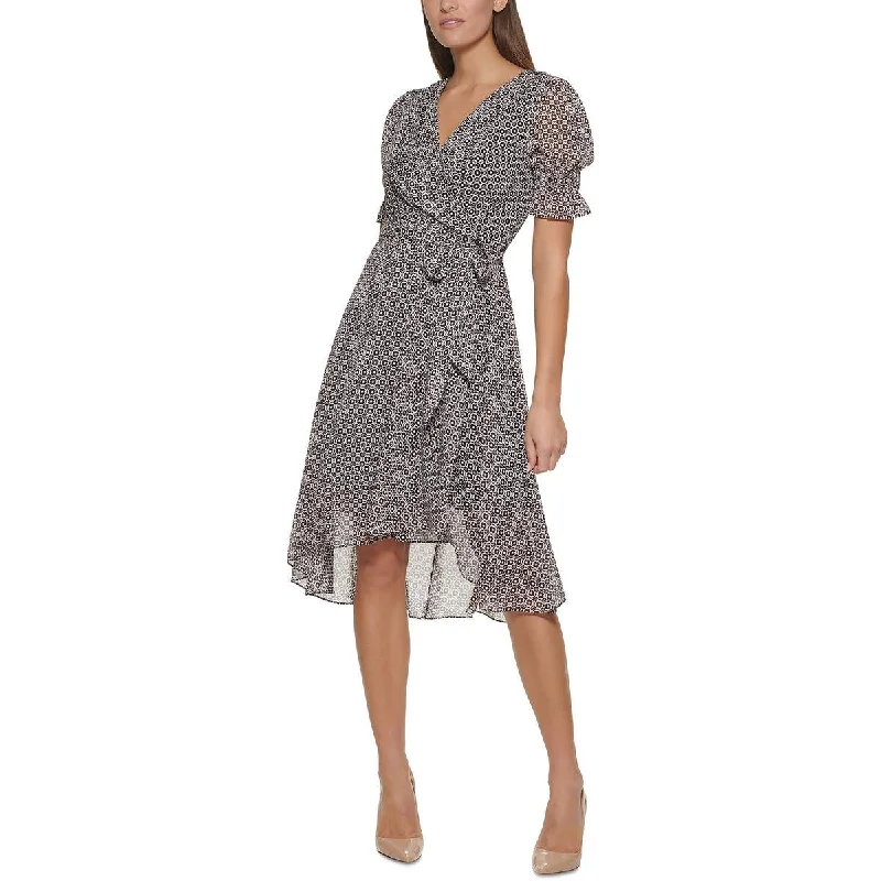 Womens Printed Faux Wrap Midi Dress