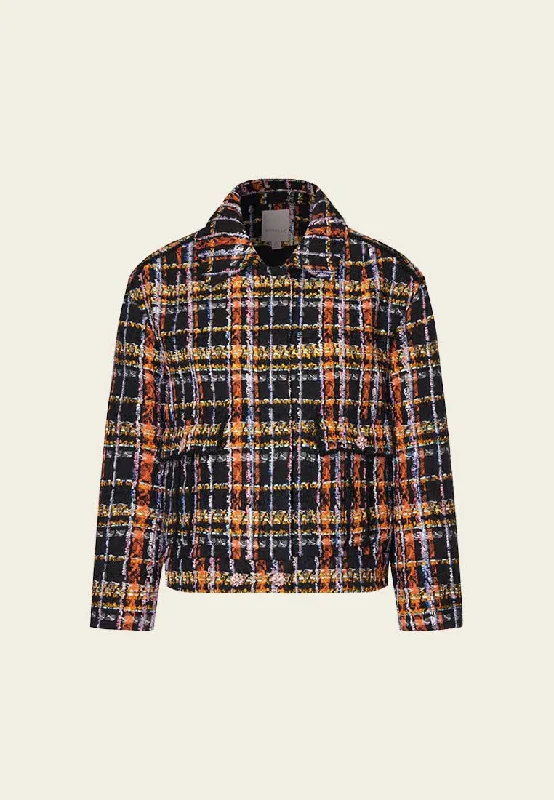 Orange Plaid Tweed Short Jacket with Collar