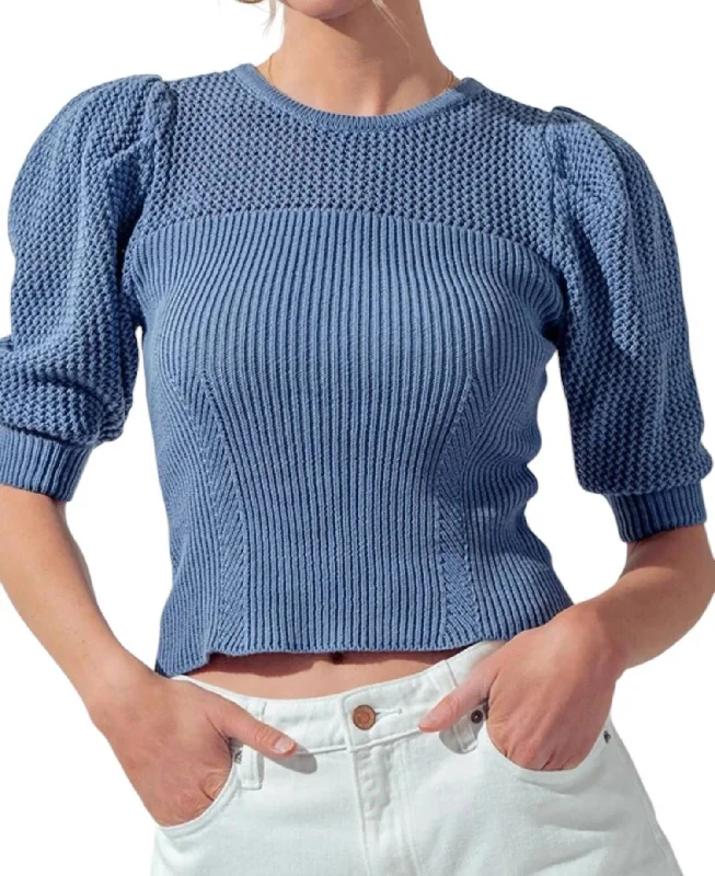 Puff Short Sleeve Knit Top In Indigo